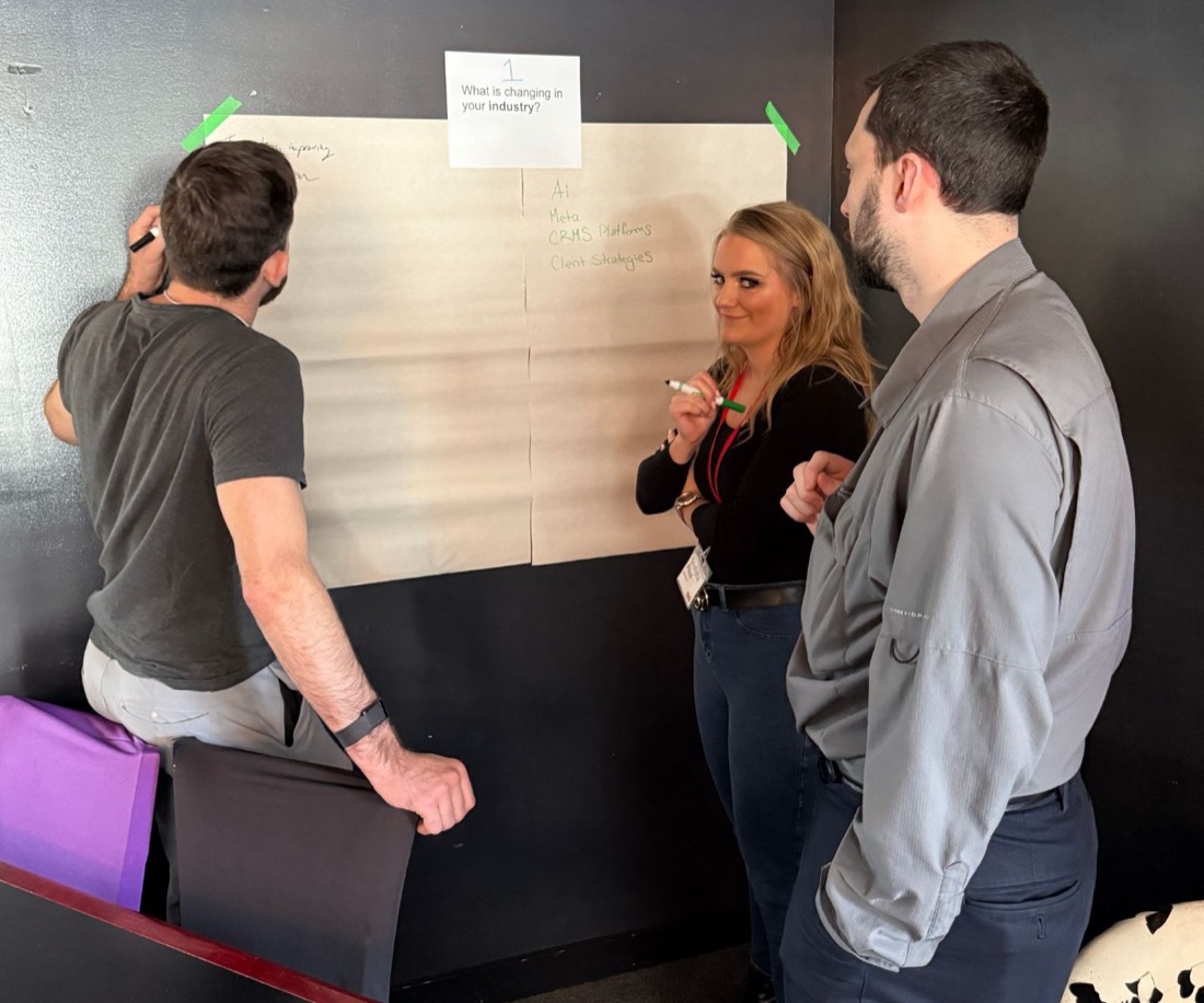 Workshop participants at a flip chart answering “What is changing in your industry?”